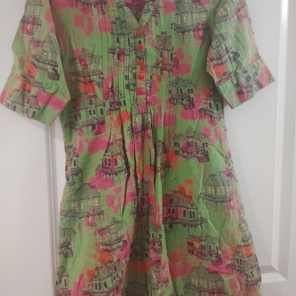 Melange Green and Pink Kids Dress with Building Print